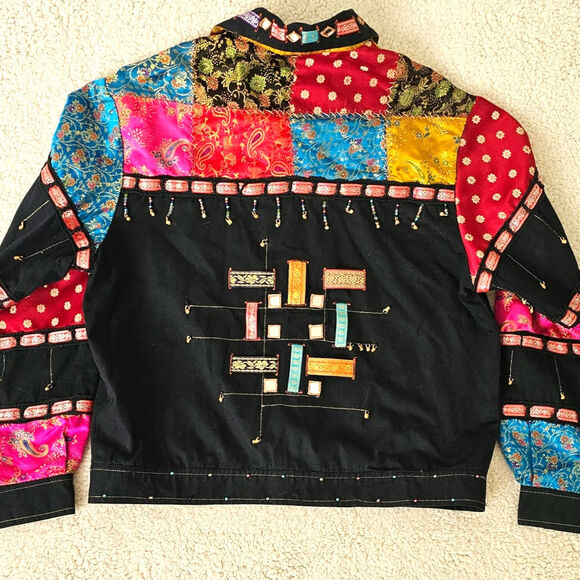 Sandy Starkman Patchwork Jacket Cottagecore Boho Festival Craft Cotton Rayon L - Picture 2 of 11